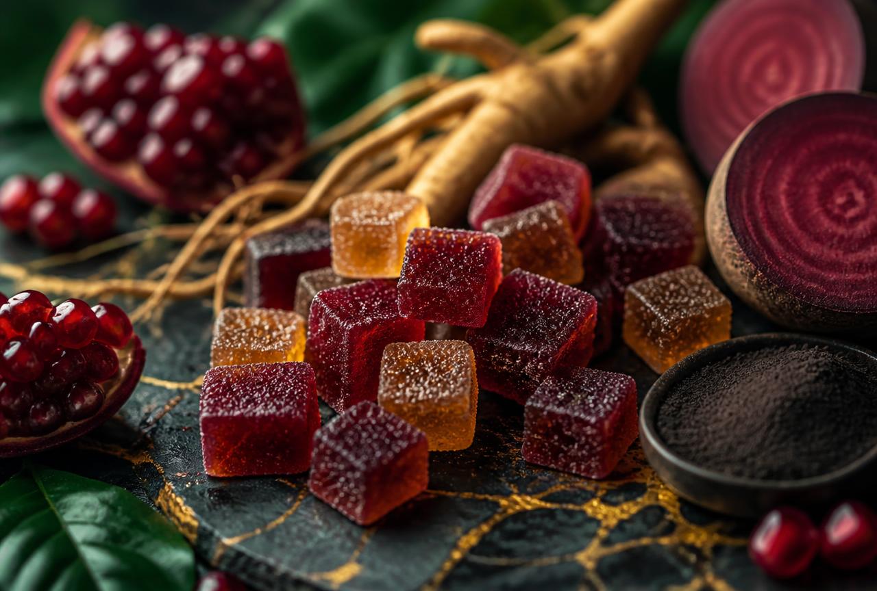 PRIME MAN Gummies H ingredients including pomegranate, beetroot, ginseng and black maca